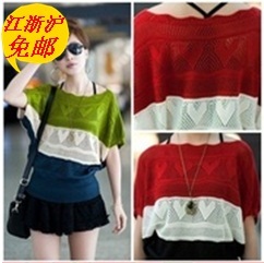 2012 spring and summer cutout short-sleeve stripe batwing shirt women's loose o-neck sweater plus size