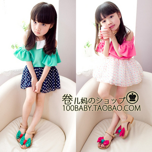 2012 spring and summer girls clothing - small lapel big strapless sexy shirt child chiffon spaghetti strap top