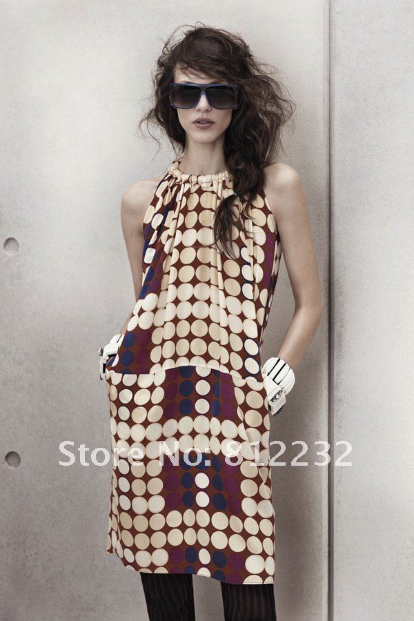 2012 spring and summer hm mani vintage silk polka dot print vest one-piece dress dot full dress