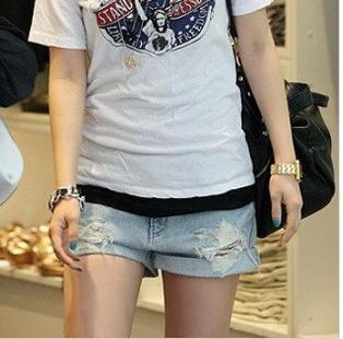 2012 spring and summer loose distrressed roll-up hem mid waist denim shorts pants