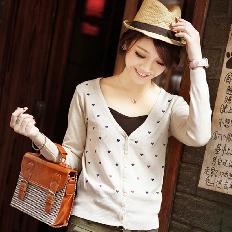 2012 spring and summer new arrival colorful embroidery peach heart sweater cardigan V-neck women's outerwear sweet long-sleeve A