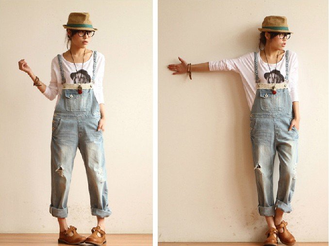 2012 spring and summer new original Japanese sweet hole washed wear white jean overalls