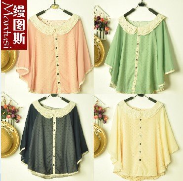 2012 spring and summer new princess lace doll lapel seventh of the bat sleeve solid color-chiffon shirt/ cape