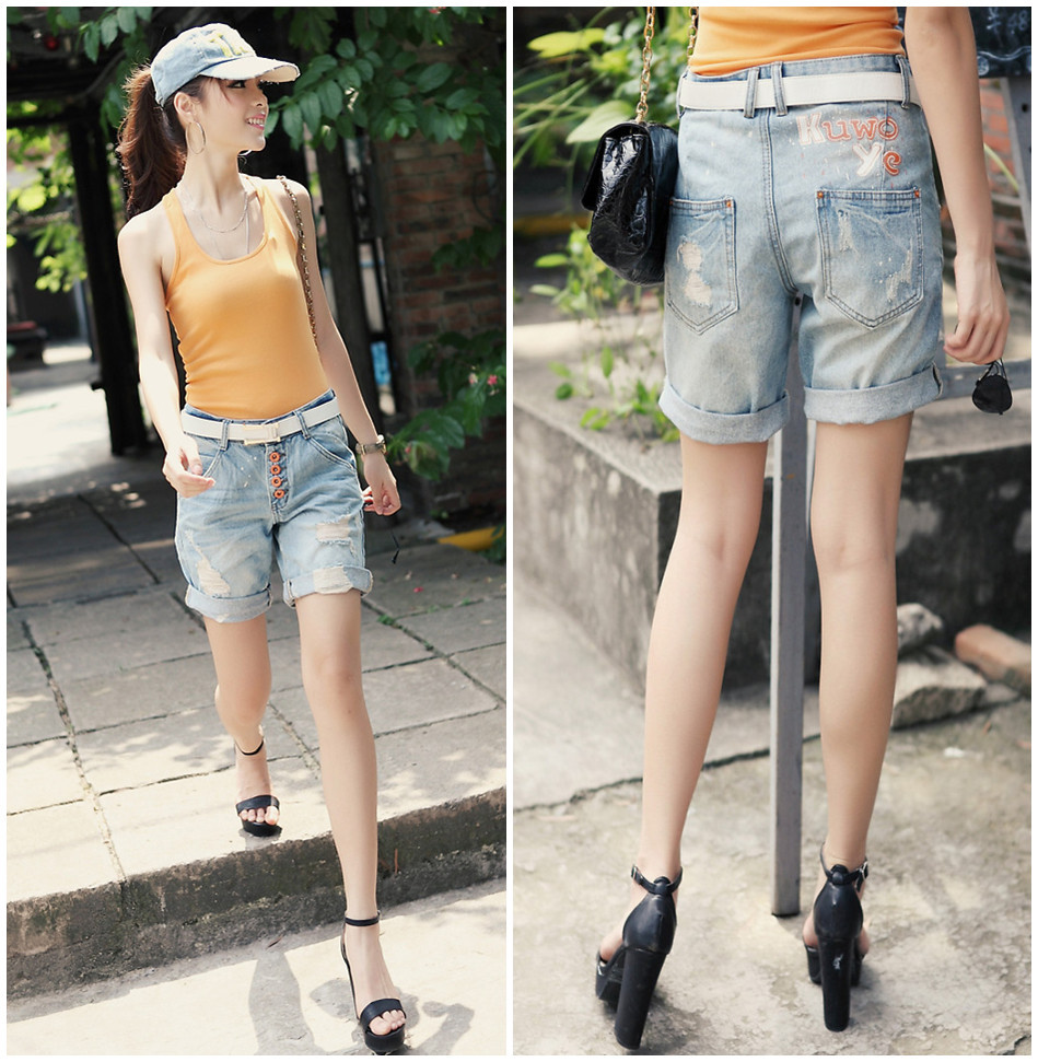 2012 spring and summer shorts plus size straight hole loose denim capris knee-length pants female