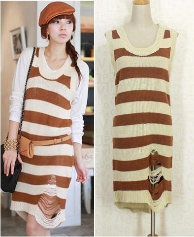 2012 spring and summer sleeveless stripe medium-long o-neck fashion hole sweater dress one-piece dress tank skirt dress