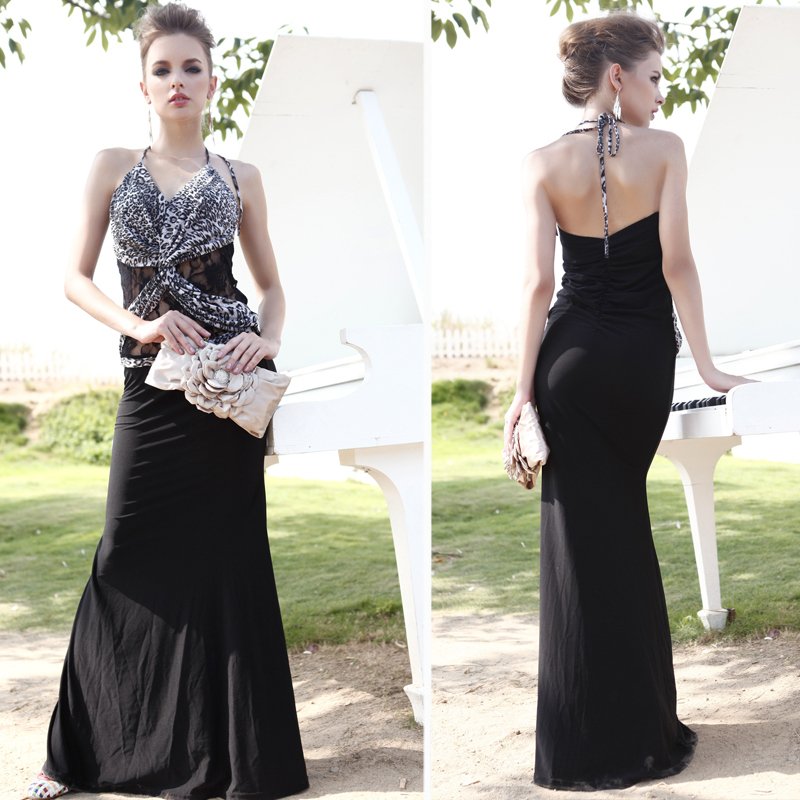 2012 spring and summer slim long design evening dress fashion print black trailing formal dress evening dress 2084