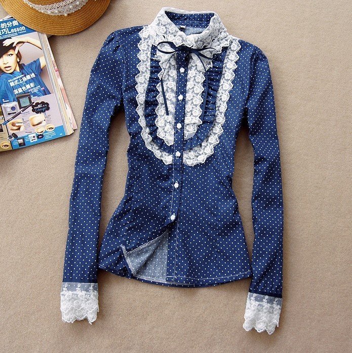 2012 Spring and Summer women's lace Blouse Stand Collar Polka Dot Long-sleeve Denim shirt Female Patchwork