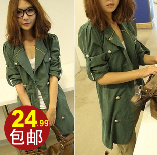 2012 spring and summer women's sleeve length double breasted military paragraph slim trench outerwear