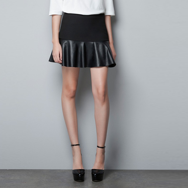 2012 spring and summer zar paragraph PU patchwork bust skirt leather skirt stromatolith mini high waist skirt
