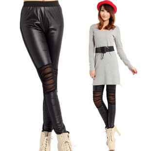 2012 spring ankle length trousers pants trend faux leather knee gauze patchwork legging