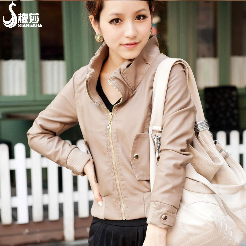 2012 spring big women's all-match stand collar khaki short design slim small leather clothing 0706