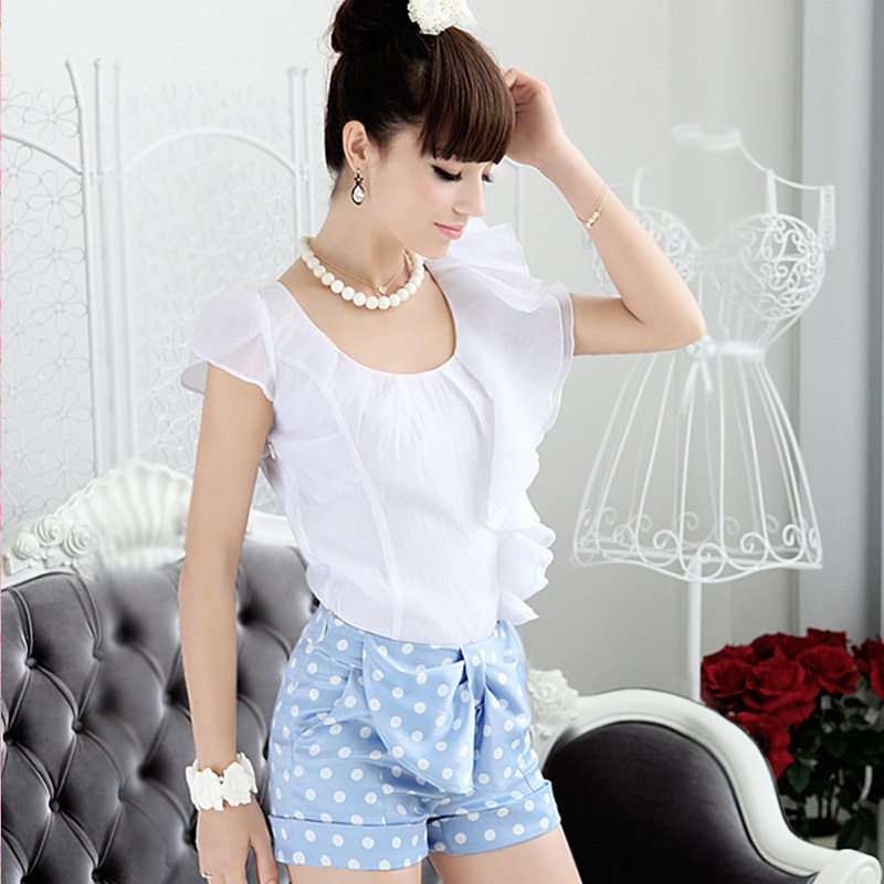 2012 spring blue and white polka dot bow roll up hem women's shorts