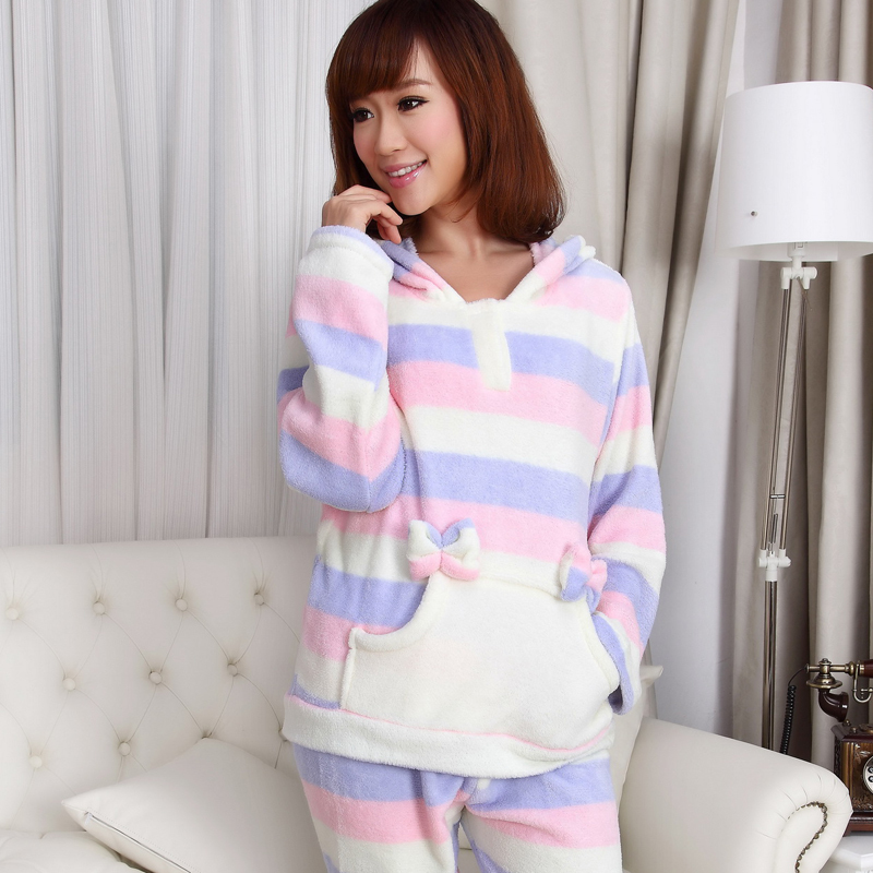 2012 spring comfortable coral fleece stripe women's long-sleeve with a hood sleepwear