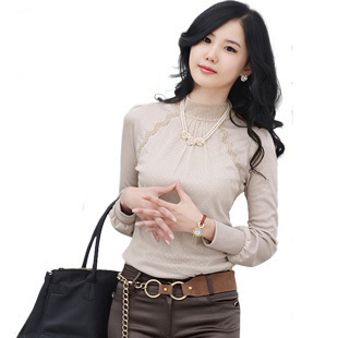 2012 spring cotton t-shirt ol all-match turtleneck long-sleeve lace decoration basic shirt