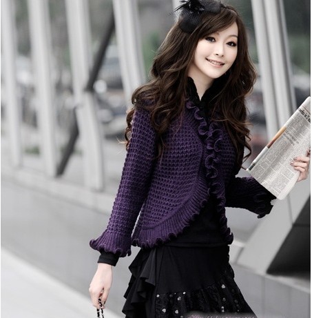 2012 spring cutout batwing shirt sweater air conditioning shirt cardigan women's crochet cardigan ruffle hem