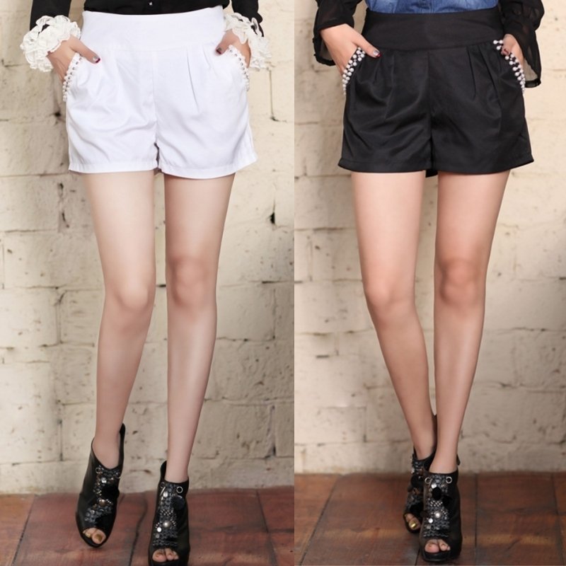 2012 spring denim fashion slim pocket beading all-match shorts black and white
