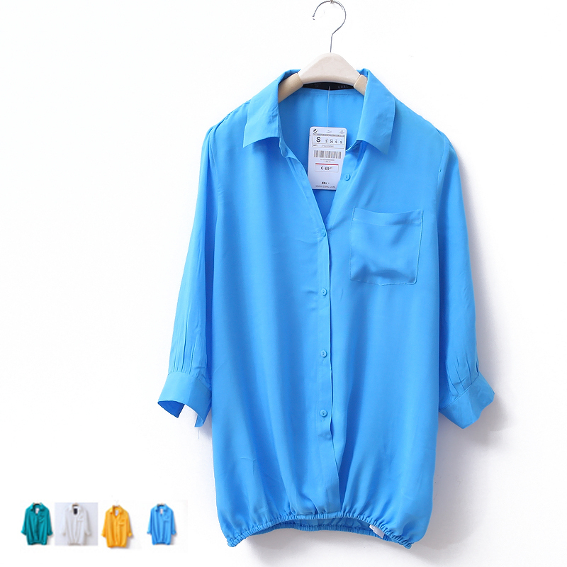 2012 spring elegant solid color turn-down collar three quarter sleeve loose straight buckle shirt female wc1086