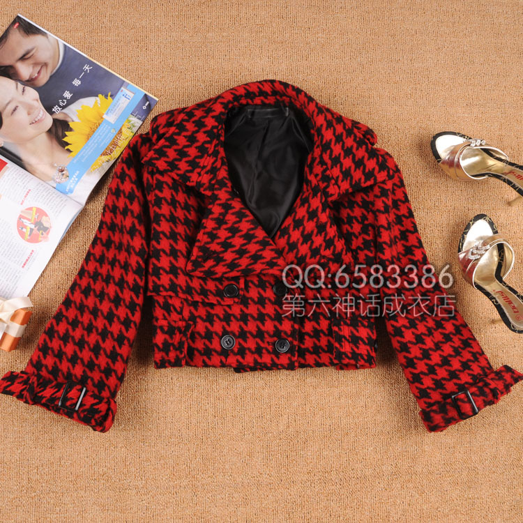 2012 spring fashion red houndstooth wool short overcoat outerwear , Free Shipping