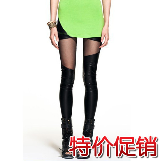 2012 spring gauze faux leather irregular patchwork female sexy tight legging