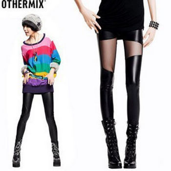 2012 spring gauze patchwork faux leather legging female legging skinny pants