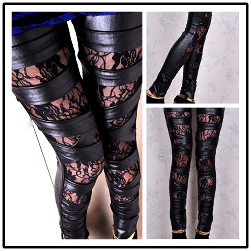 2012 spring lace basic leather cross straps all-match legging black 065