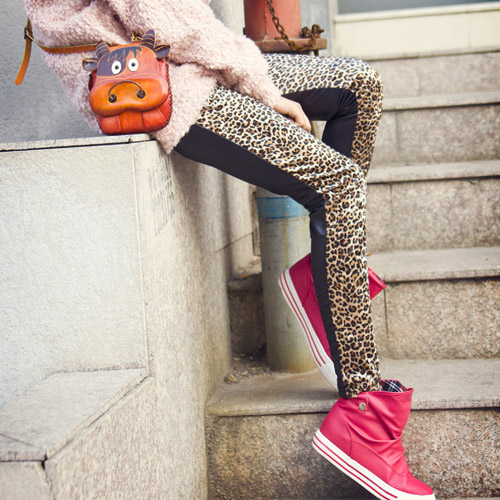 2012 spring leopard print after faux leather patchwork legging female leather trousers ankle length trousers plus size available