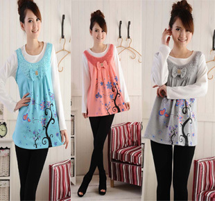 2012 spring maternity clothing fashion maternity top faux two piece maternity long-sleeve T-shirt