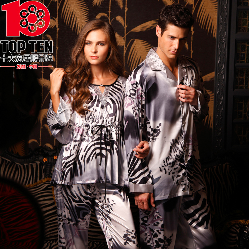 2012 spring new arrival silk male women's casual lounge lovers sleepwear silk long-sleeve set