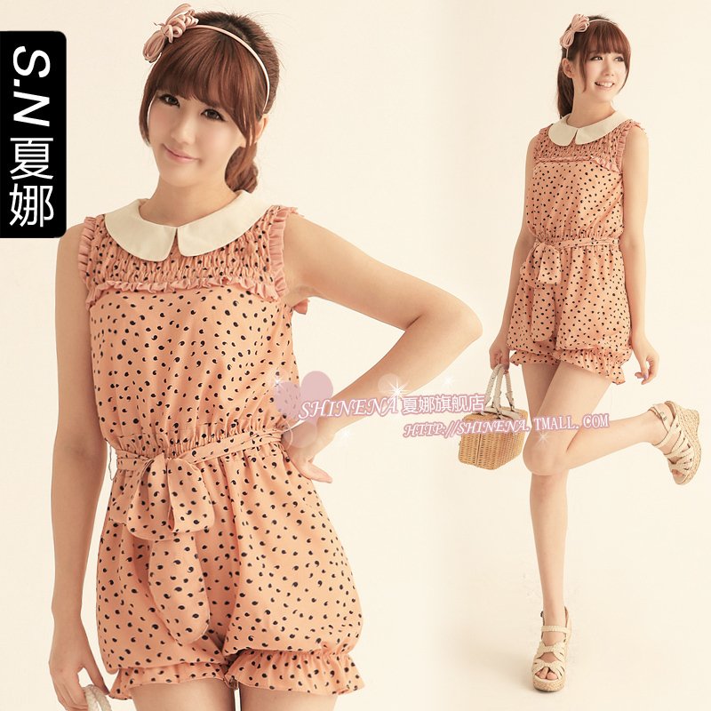 2012 spring new arrival vintage polka dot white o-neck ruffle hem jumpsuit 5156