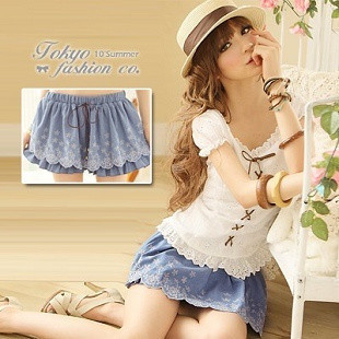 2012 spring new arrival women's exquisite embroidered strap faux denim culottes shorts