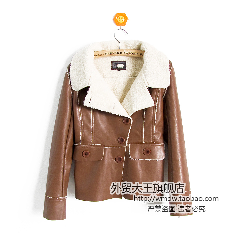 2012 spring new arrival women's thickening berber fleece wool turn-down collar motorcycle PU short design leather clothing