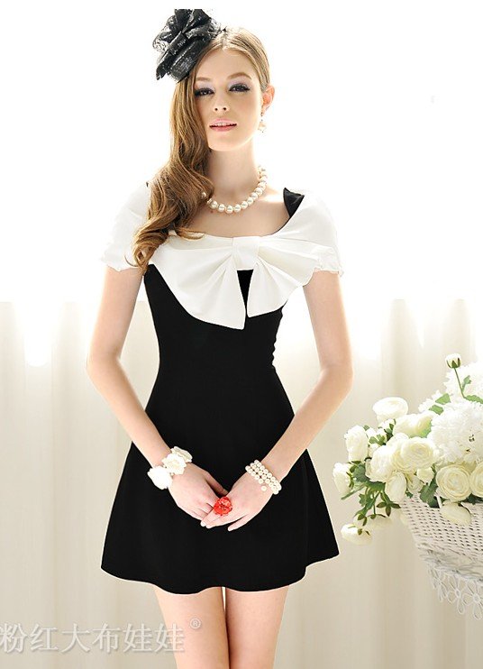 2012 spring new black and white shoulder bow elegant juxtaposition wrap type dress