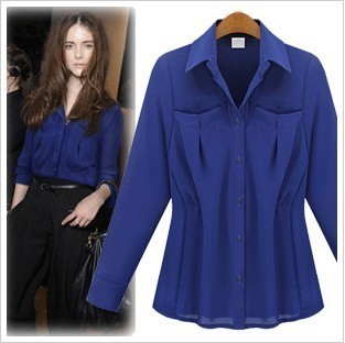 2012 spring plus size fashion loose long-sleeve shirt batwing sleeve shirt navy blue chiffon shirt basic shirt