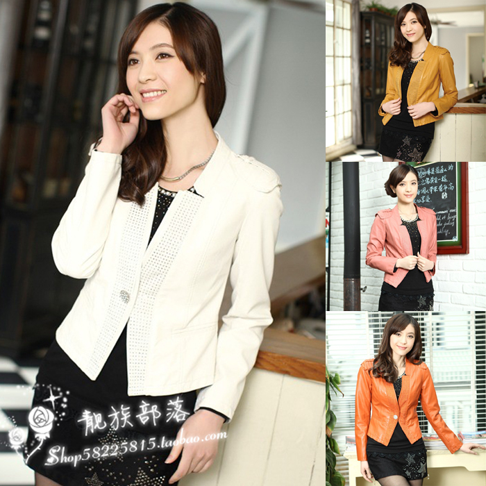 2012 spring quality elegant epaulette rhinestones slim leather coat women new arrival leather clothing