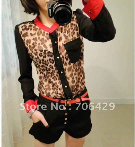 2012 Spring Sale Hot/ Leopard pattern long sleeve women's T-shirts wholesale 20pcs/lot