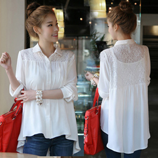 2012 spring shirt lace decoration ol perspectivity lace patchwork white shirt shirt