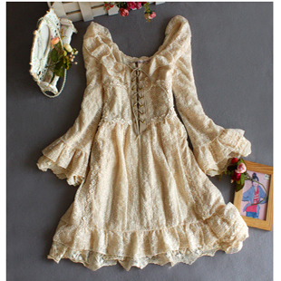 2012 spring summer full lace skirt drawstring lacing flare sleeve ruffle princess one-piece dress