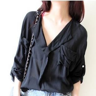 2012 spring summer loose shirt women's the trend of vl slim waist solid color casual shirt v