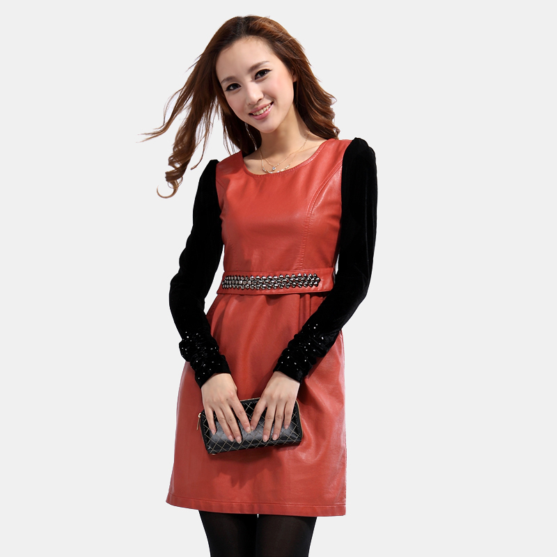 2012 spring sweet slim hip PU one-piece dress clothing slim leather skirt long-sleeve 1815