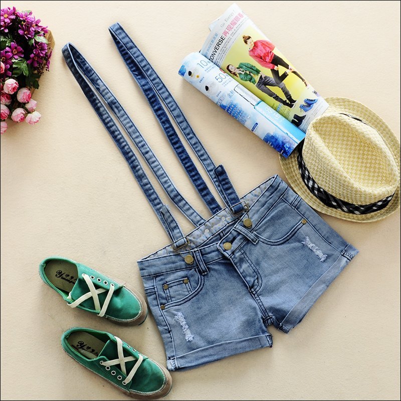 2012 spring women's 7n605 gentlewomen all-match water wash wearing white denim shorts bib pants