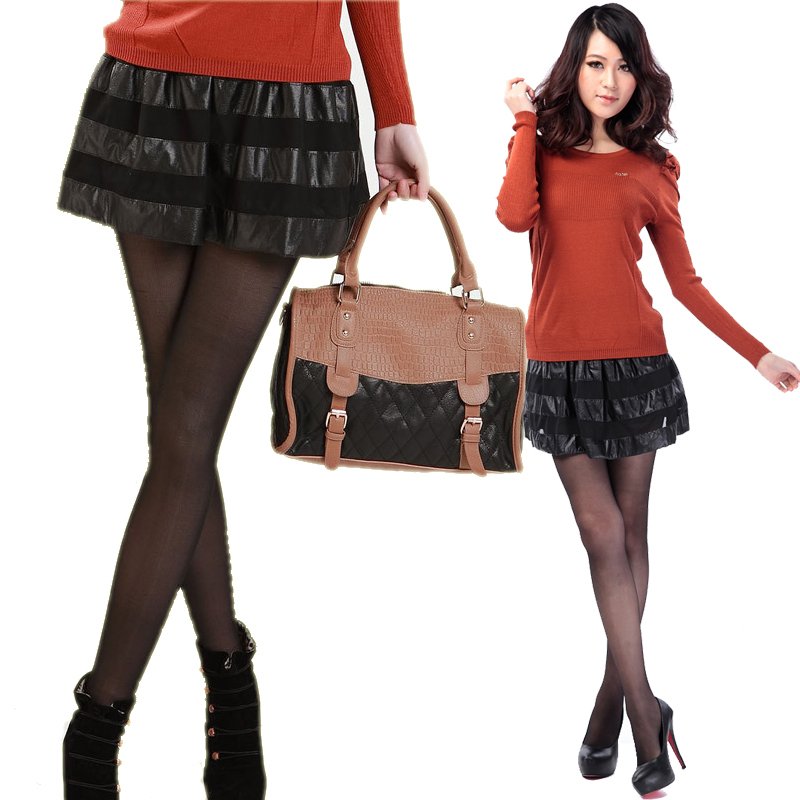 2012 spring women's elastic waist stripe short skirt gauze leather patchwork Black bust skirt a-line skirt