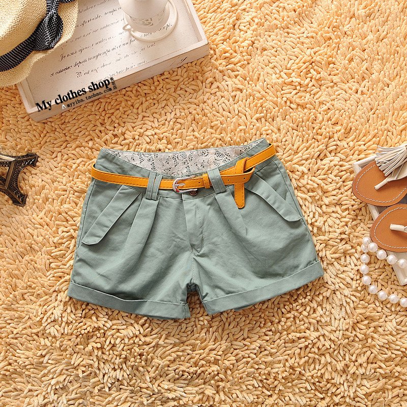 2012 spring women's lace patchwork pocket loose roll-up hem casual pants shorts with belt