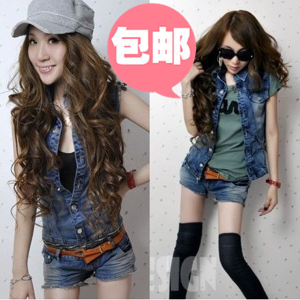 2012 spring women's low-waist denim jumpsuit vest shorts set