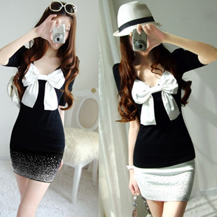 2012 Spring Women's Sheath Dress Show Sexy Bow Rhinestone Shining Long-sleeve Slim Hip Causal Dress Retail Free Shipping