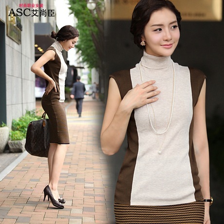 2012 spring women's slim turtleneck color block sleeveless faux two piece set sweater female