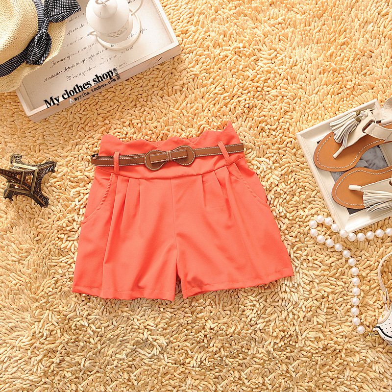 2012 spring women's sweet high waist candy color laciness casual pocket shorts with belt