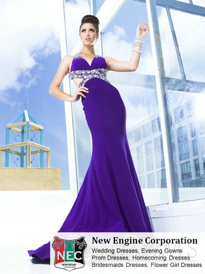 2012 Strapless chiffon halter strap gown Copy Tony TBE11215 jeweled open low back with racer straps fashion evening dress