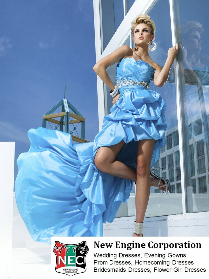 2012 Strapless taffeta gown short front long back, pleated bodice high-low pickup prom Copy Tony TBE11251 fashion evening dress