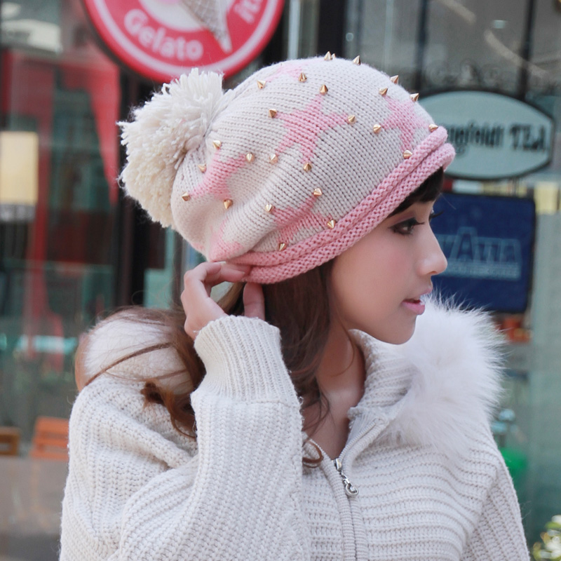 2012 street five-pointed star rivet knitted hat female winter hat with rivet