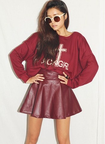 2012 sty nda autumn a leather skirt high waist all-match leather skirt claretred
